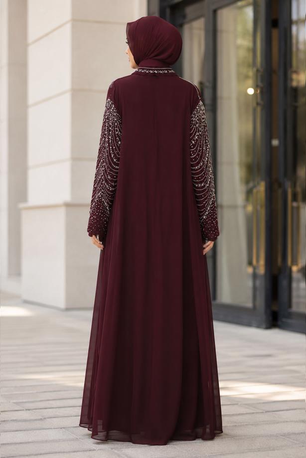 Vêtements hijab ROUGE BORDEAUX ROBE DE SOIRÉE BRODÉE DE GEMMES T 9431 - TRENDTESETTÜR
