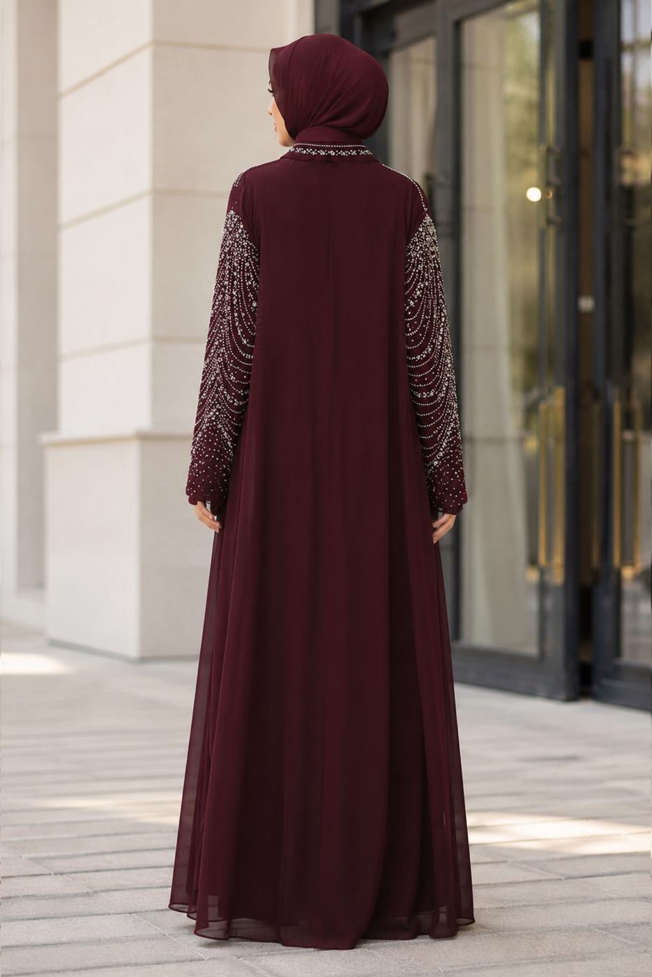 Vêtements hijab ROUGE BORDEAUX ROBE DE SOIRÉE BRODÉE DE GEMMES T 9431