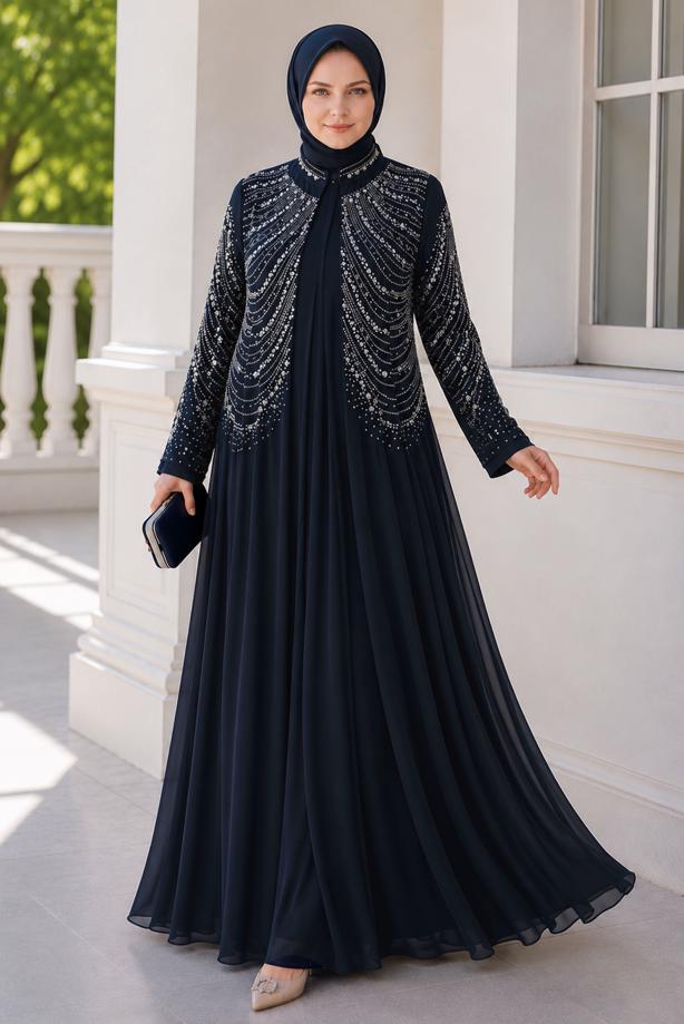 Vêtements hijab BLEU MARINE ROBE DE SOIRÉE BRODÉE DE GEMMES T 9431 - TRENDTESETTÜR