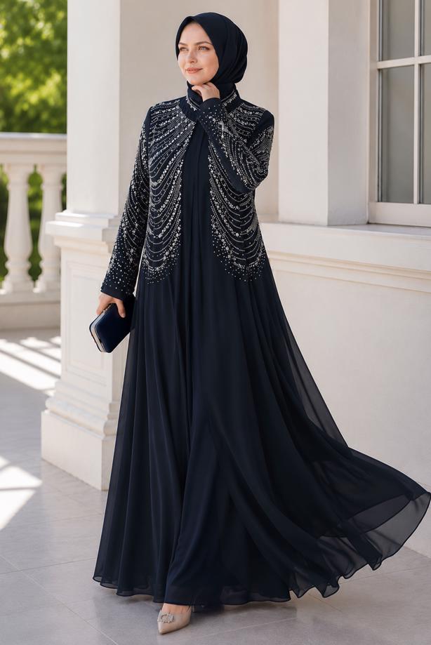 Vêtements hijab BLEU MARINE ROBE DE SOIRÉE BRODÉE DE GEMMES T 9431 - TRENDTESETTÜR