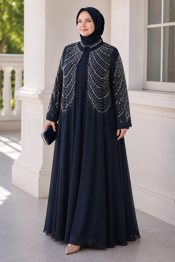 Vêtements hijab BLEU MARINE ROBE DE SOIRÉE BRODÉE DE GEMMES T 9431 - TRENDTESETTÜR