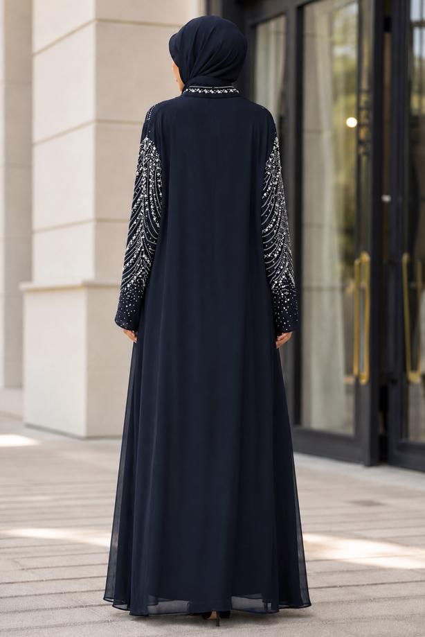 Vêtements hijab BLEU MARINE ROBE DE SOIRÉE BRODÉE DE GEMMES T 9431 - TRENDTESETTÜR