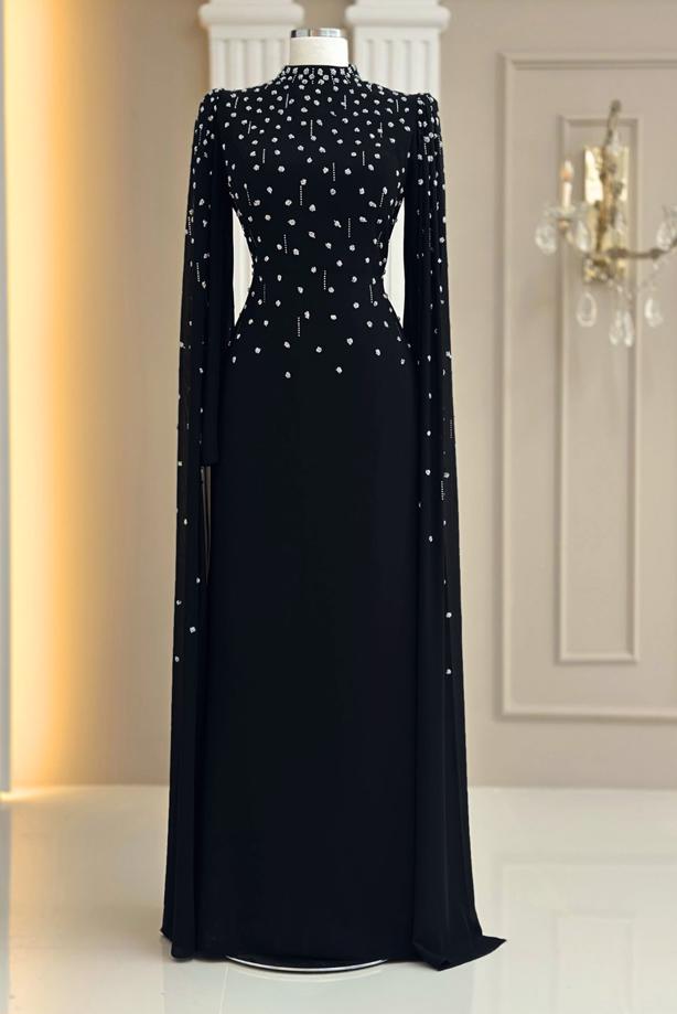 Tesettür giyim SİYAH TÜL PELERİNLİ ABİYE ELBİSE T 9463 - TRENDTESETTÜR