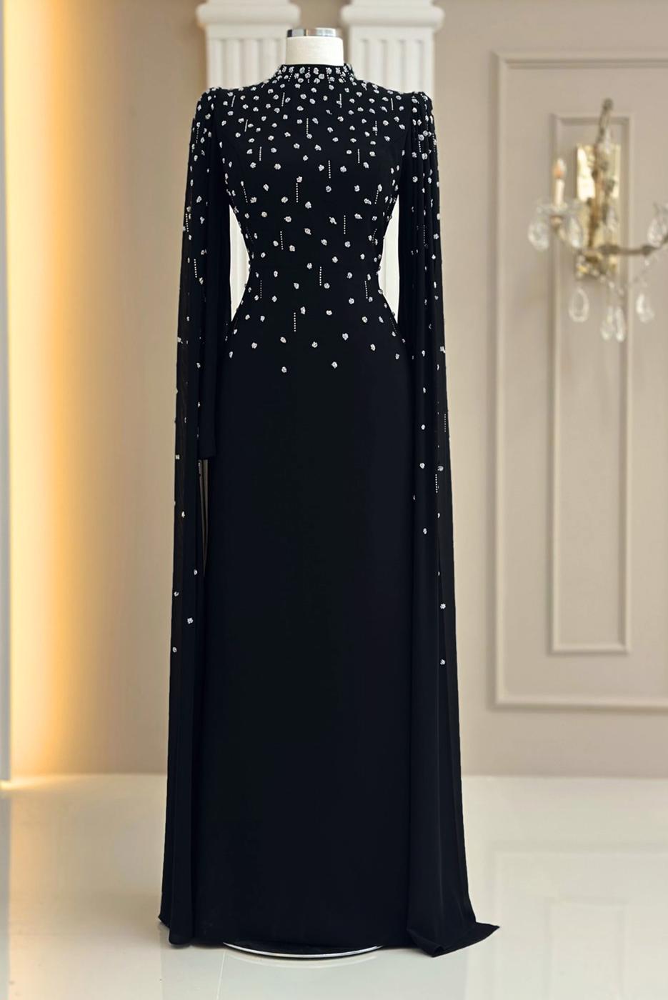 Tesettür giyim SİYAH TÜL PELERİNLİ ABİYE ELBİSE T 9463