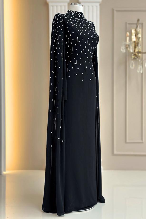 Tesettür giyim SİYAH TÜL PELERİNLİ ABİYE ELBİSE T 9463 - TRENDTESETTÜR