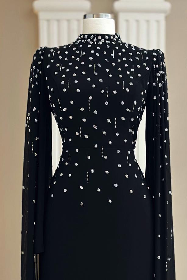 Tesettür giyim SİYAH TÜL PELERİNLİ ABİYE ELBİSE T 9463 - TRENDTESETTÜR