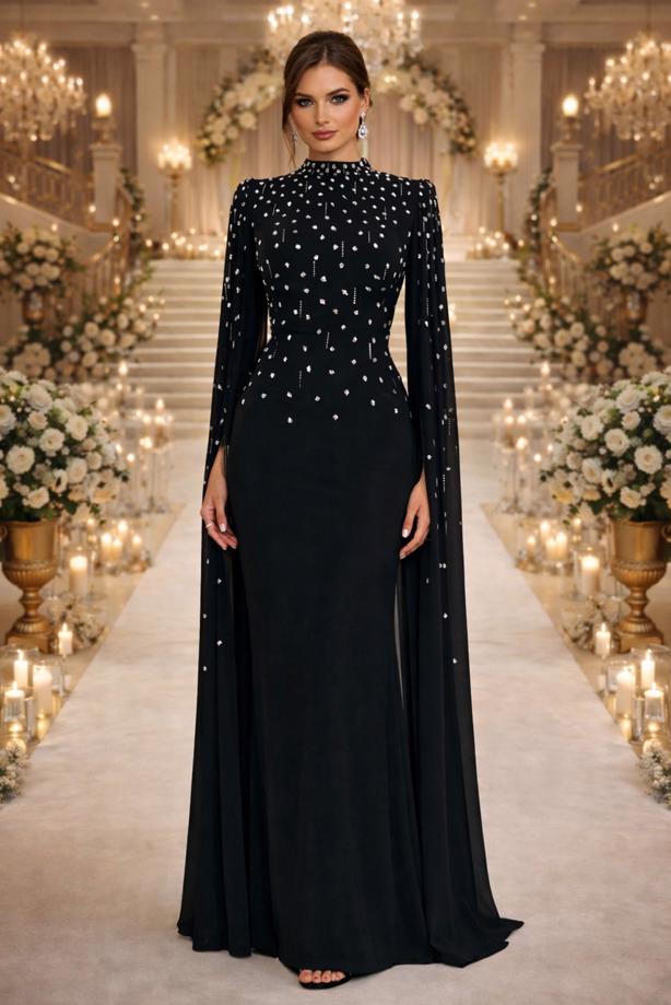 Tesettür giyim SİYAH TÜL PELERİNLİ ABİYE ELBİSE T 9463 - TRENDTESETTÜR