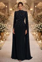 Tesettür giyim SİYAH TÜL PELERİNLİ ABİYE ELBİSE T 9463