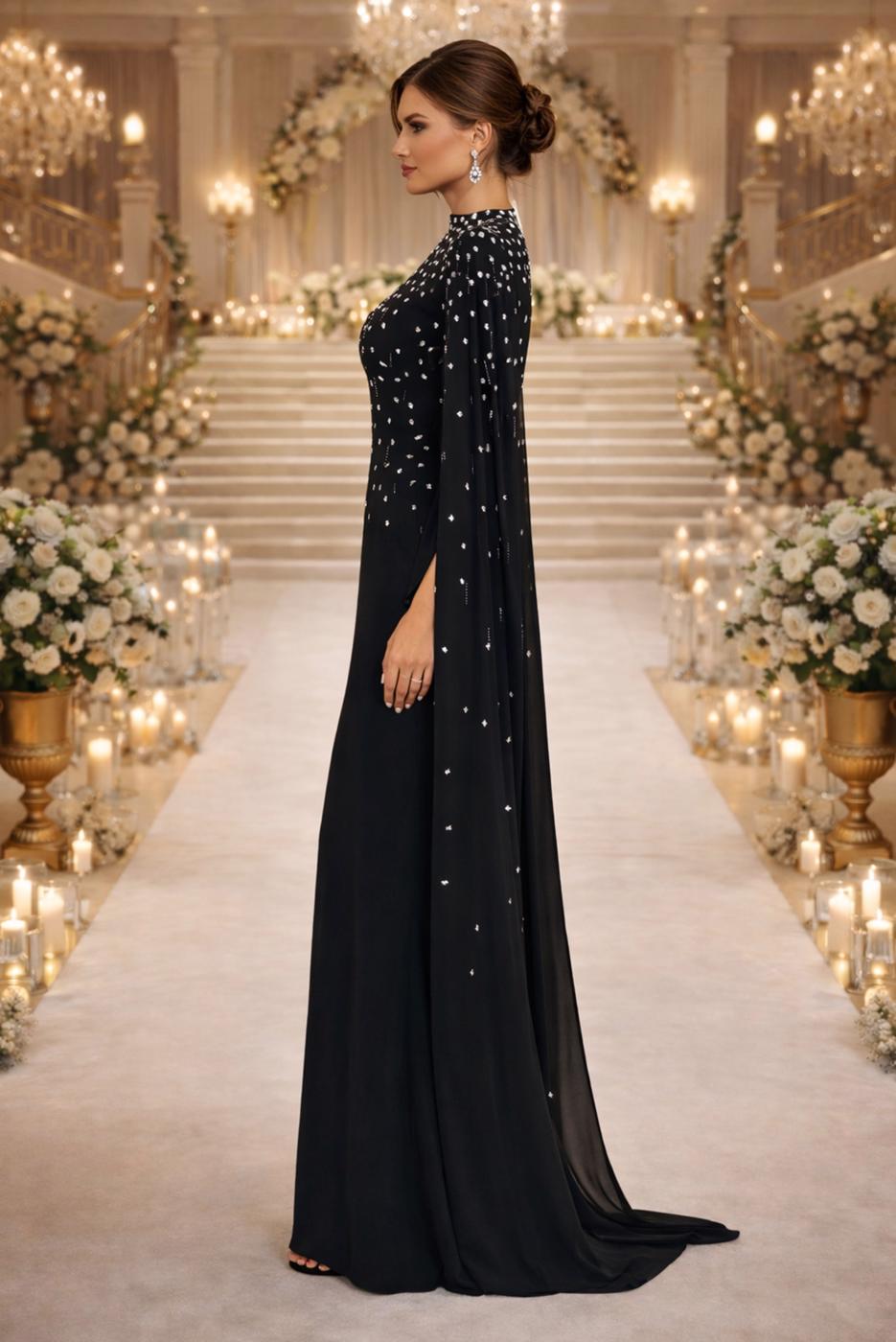 Tesettür giyim SİYAH TÜL PELERİNLİ ABİYE ELBİSE T 9463