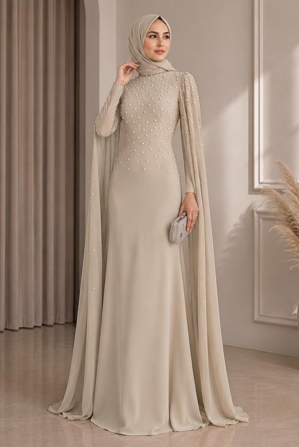 Hijab clothing BEIGE EVENING DRESS WITH TULLE CAPE T 9463 - TRENDTESETTÜR
