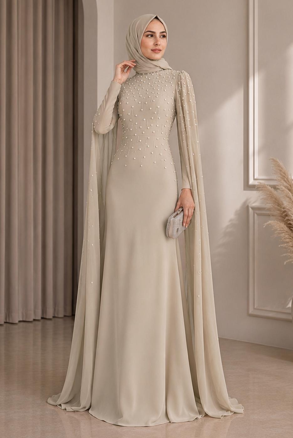 Hijab clothing BEIGE EVENING DRESS WITH TULLE CAPE T 9463