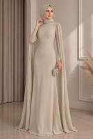 Hijab clothing BEIGE EVENING DRESS WITH TULLE CAPE T 9463