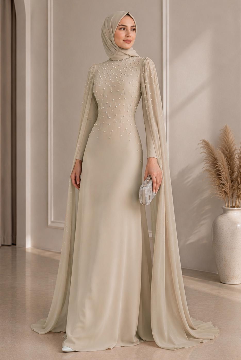 Hijab clothing BEIGE EVENING DRESS WITH TULLE CAPE T 9463
