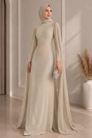 Hijab clothing BEIGE EVENING DRESS WITH TULLE CAPE T 9463