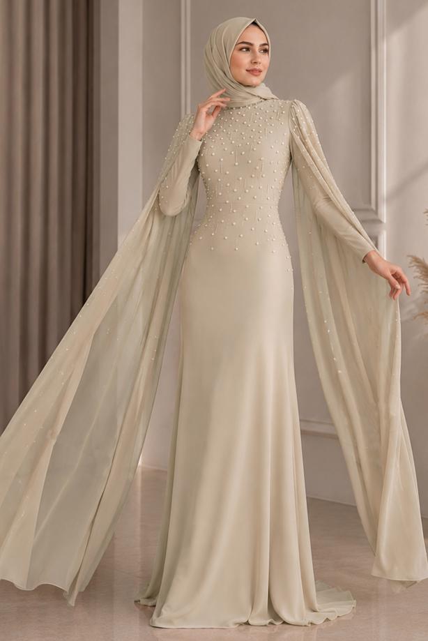 Hijab clothing BEIGE EVENING DRESS WITH TULLE CAPE T 9463 - TRENDTESETTÜR