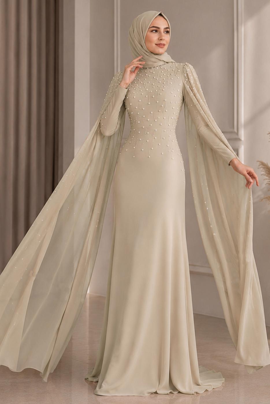 Hijab clothing BEIGE EVENING DRESS WITH TULLE CAPE T 9463