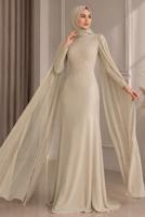Hijab clothing BEIGE EVENING DRESS WITH TULLE CAPE T 9463