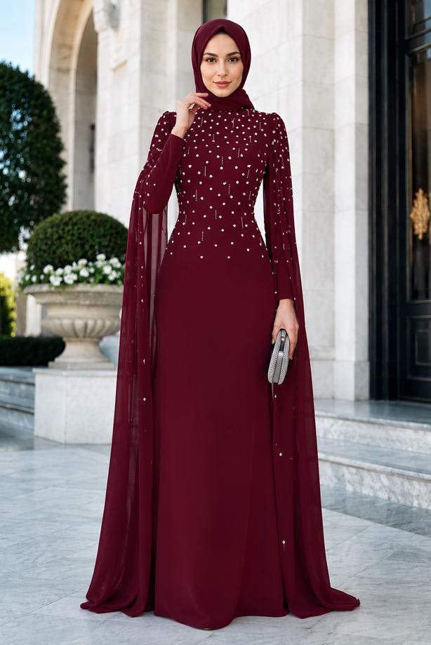 Tesettür giyim BORDO TÜL PELERİNLİ ABİYE ELBİSE T 9463 - TRENDTESETTÜR