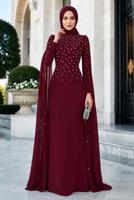Tesettür giyim BORDO TÜL PELERİNLİ ABİYE ELBİSE T 9463