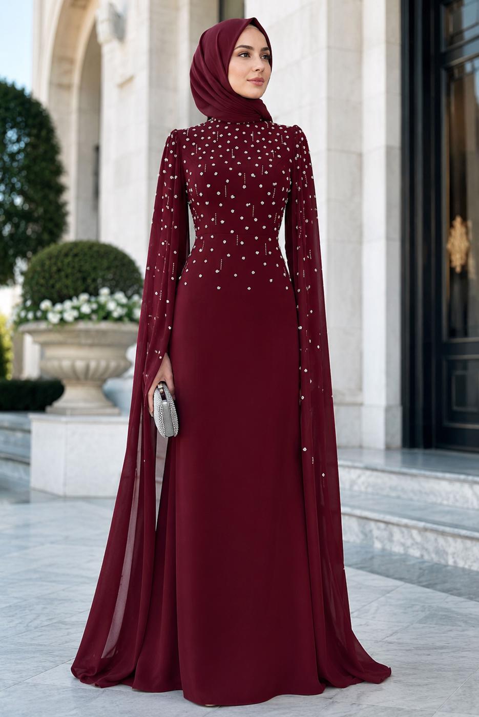 Tesettür giyim BORDO TÜL PELERİNLİ ABİYE ELBİSE T 9463