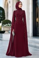 Tesettür giyim BORDO TÜL PELERİNLİ ABİYE ELBİSE T 9463