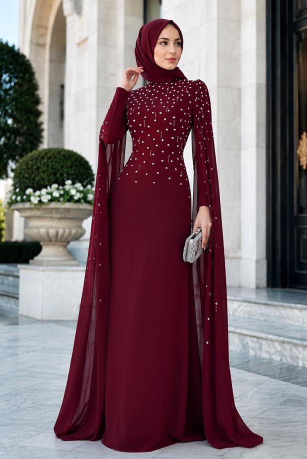 Tesettür giyim BORDO TÜL PELERİNLİ ABİYE ELBİSE T 9463 - TRENDTESETTÜR