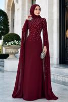 Tesettür giyim BORDO TÜL PELERİNLİ ABİYE ELBİSE T 9463