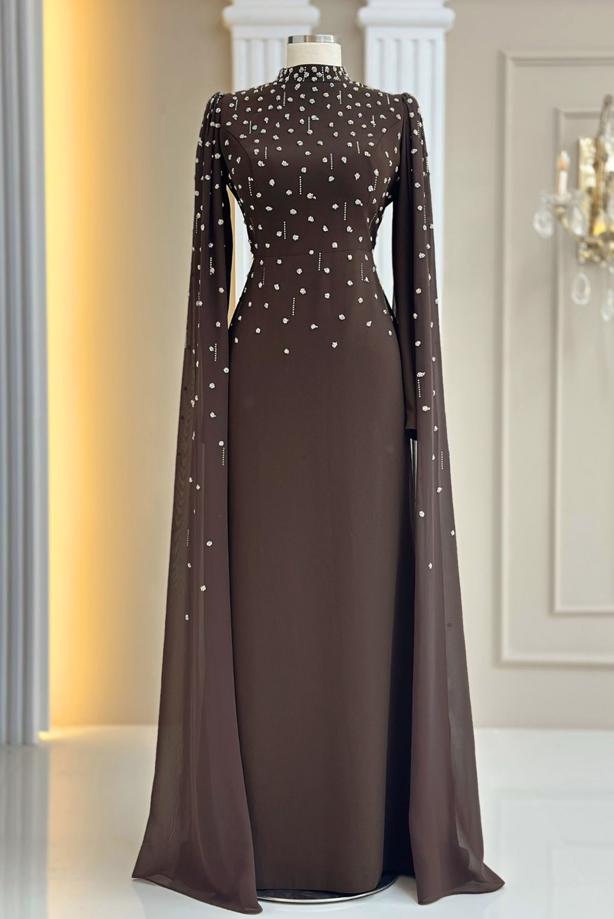 Tesettür giyim KAHVE TÜL PELERİNLİ ABİYE ELBİSE T 9463 - TRENDTESETTÜR