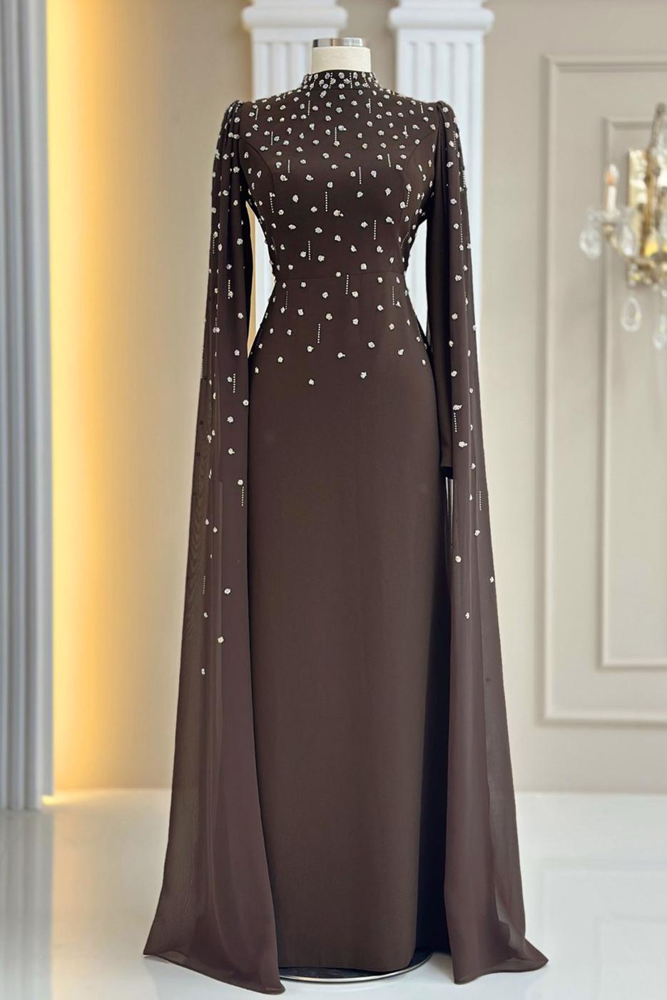Tesettür giyim KAHVE TÜL PELERİNLİ ABİYE ELBİSE T 9463