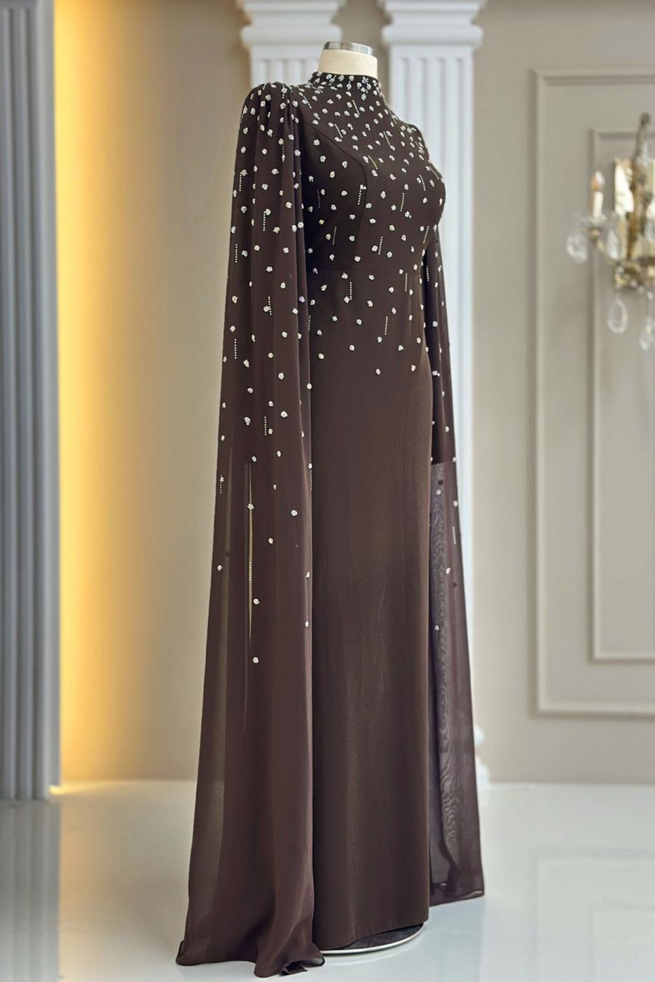 Tesettür giyim KAHVE TÜL PELERİNLİ ABİYE ELBİSE T 9463