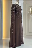 Tesettür giyim KAHVE TÜL PELERİNLİ ABİYE ELBİSE T 9463