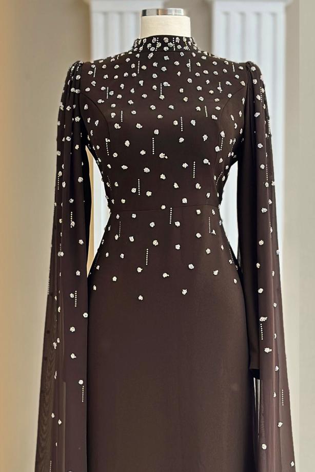 Tesettür giyim KAHVE TÜL PELERİNLİ ABİYE ELBİSE T 9463 - TRENDTESETTÜR