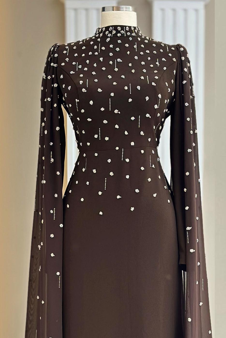 Tesettür giyim KAHVE TÜL PELERİNLİ ABİYE ELBİSE T 9463