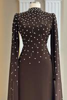 Tesettür giyim KAHVE TÜL PELERİNLİ ABİYE ELBİSE T 9463