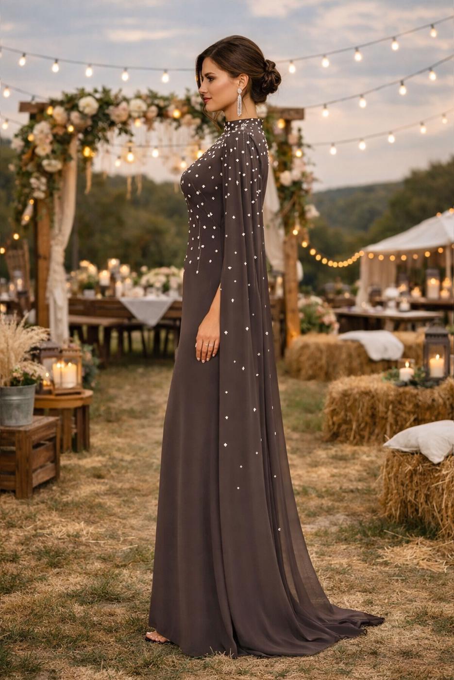 Hijab clothing BROWN EVENING DRESS WITH TULLE CAPE T 9463