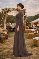 Hijab clothing BROWN EVENING DRESS WITH TULLE CAPE T 9463