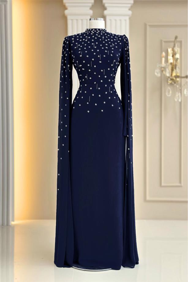 Tesettür giyim LACİVERT TÜL PELERİNLİ ABİYE ELBİSE T 9463 - TRENDTESETTÜR