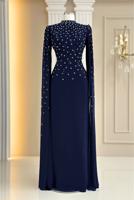 Tesettür giyim LACİVERT TÜL PELERİNLİ ABİYE ELBİSE T 9463