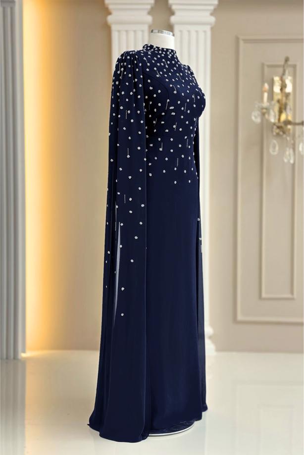 Tesettür giyim LACİVERT TÜL PELERİNLİ ABİYE ELBİSE T 9463 - TRENDTESETTÜR