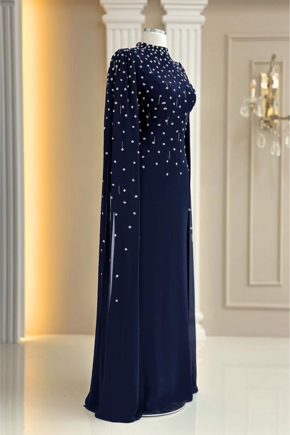 Tesettür giyim LACİVERT TÜL PELERİNLİ ABİYE ELBİSE T 9463