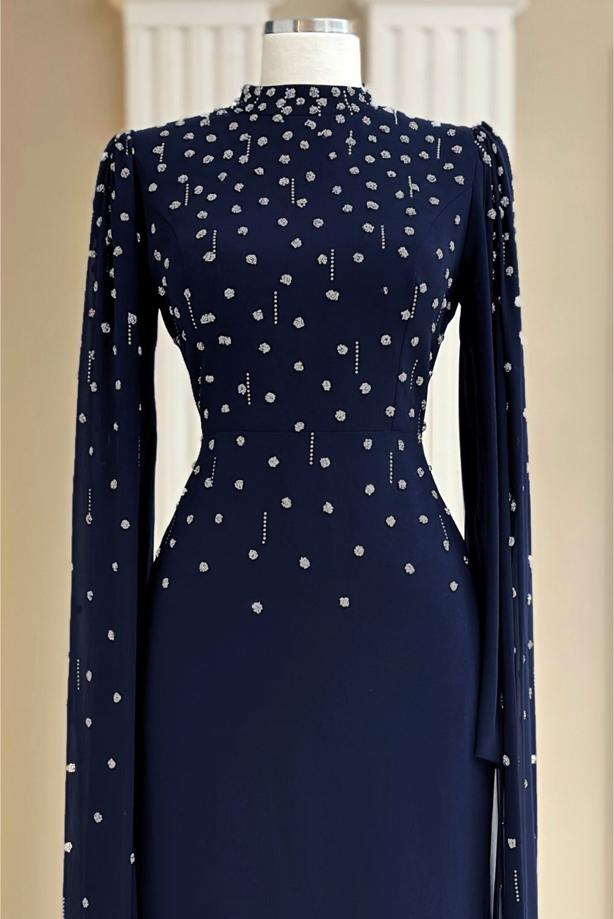 Tesettür giyim LACİVERT TÜL PELERİNLİ ABİYE ELBİSE T 9463 - TRENDTESETTÜR