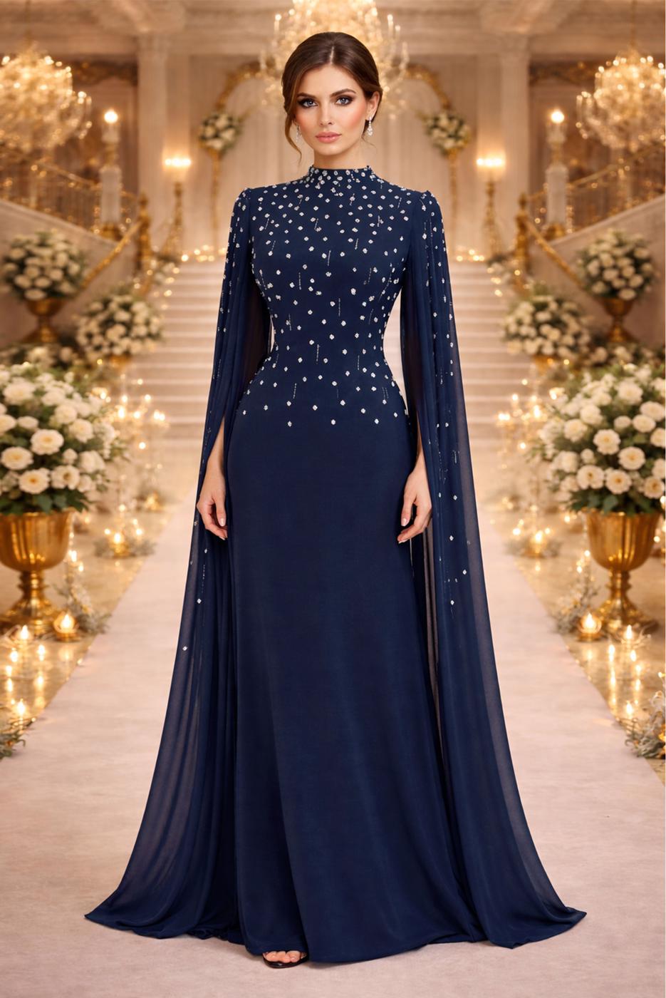Hijab clothing NAVY BLUE EVENING DRESS WITH TULLE CAPE T 9463