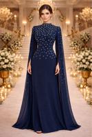 Hijab clothing NAVY BLUE EVENING DRESS WITH TULLE CAPE T 9463