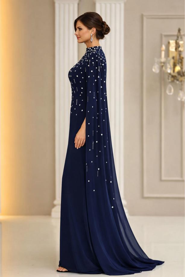 Tesettür giyim LACİVERT TÜL PELERİNLİ ABİYE ELBİSE T 9463 - TRENDTESETTÜR