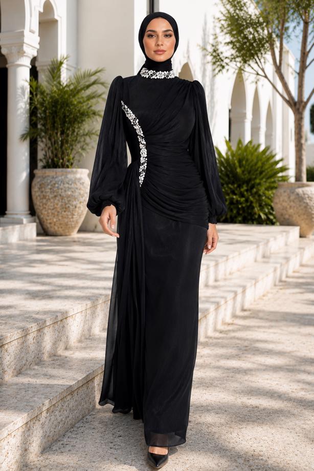 Tesettür giyim SİYAH DRAPE DETAYLI ABİYE ELBİSE T 9663 - TRENDTESETTÜR