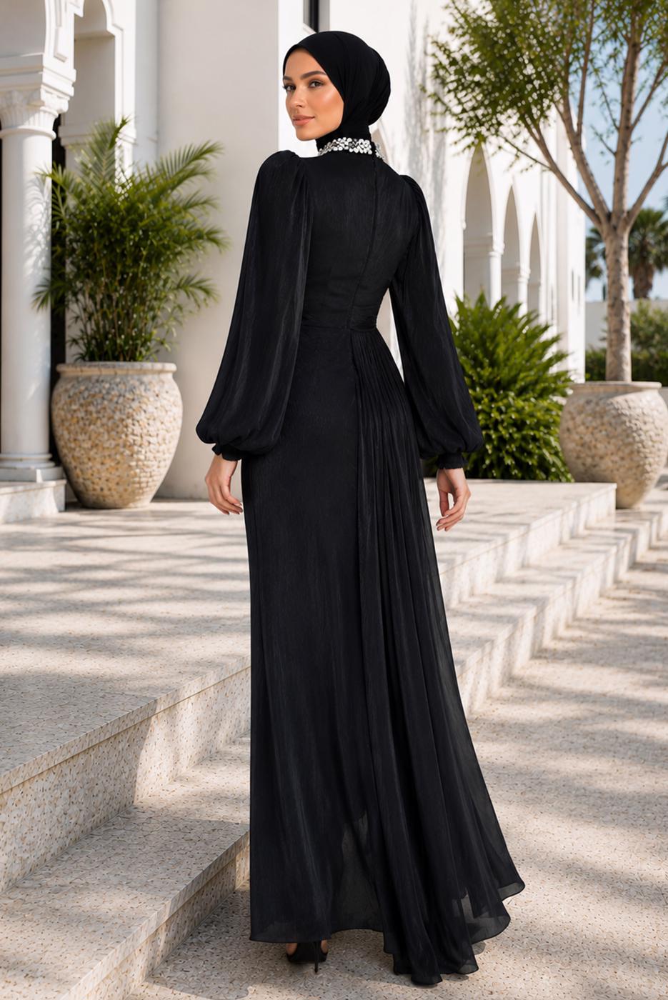 Tesettür giyim SİYAH DRAPE DETAYLI ABİYE ELBİSE T 9663