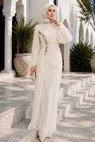 Tesettür giyim KREM DRAPE DETAYLI ABİYE ELBİSE T 9663