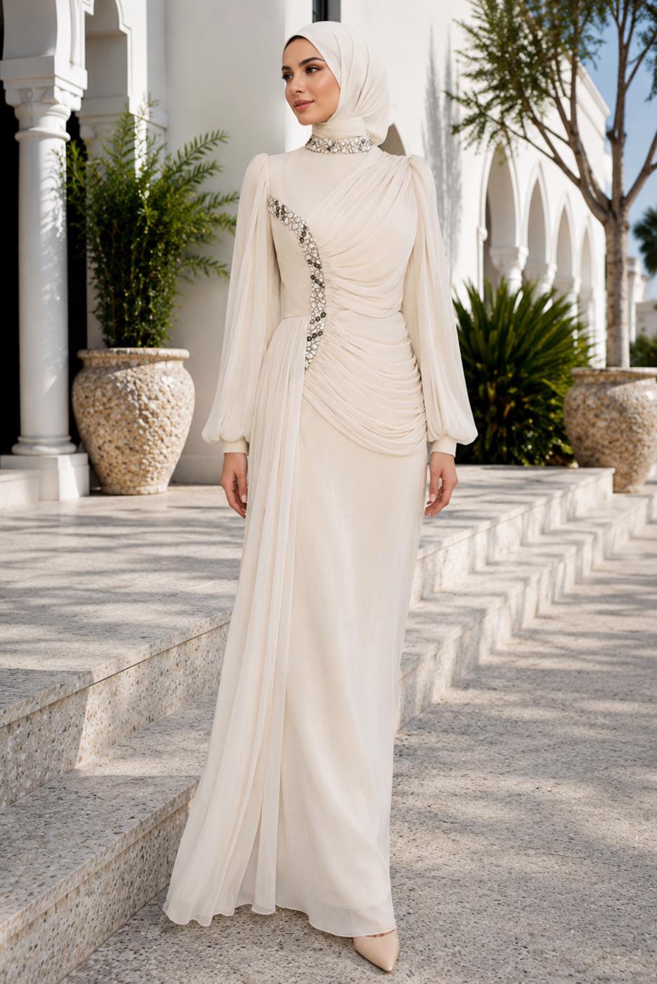 Tesettür giyim KREM DRAPE DETAYLI ABİYE ELBİSE T 9663