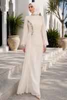 Tesettür giyim KREM DRAPE DETAYLI ABİYE ELBİSE T 9663