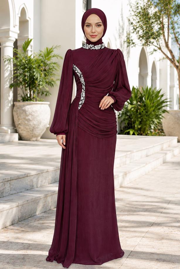 Tesettür giyim BORDO DRAPE DETAYLI ABİYE ELBİSE T 9663 - TRENDTESETTÜR